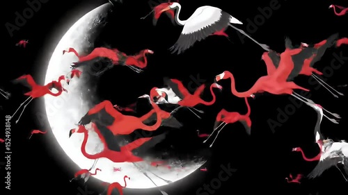 A surreal illustration depicts stylized flamingos and cranes in flight against a black sky. The birds are highlighted, partially around a bright crescent moon