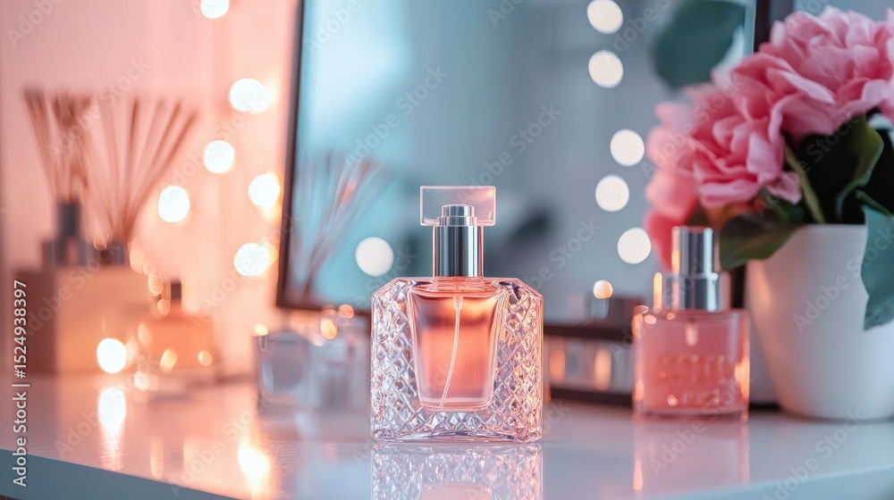 Fototapeta premium A stylish mini perfume sprayer on a vanity table