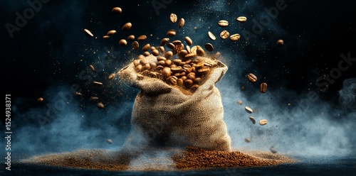 Coffee Beans Spill From Burlap Sack Creating a Dynamic Display of Solid and G...