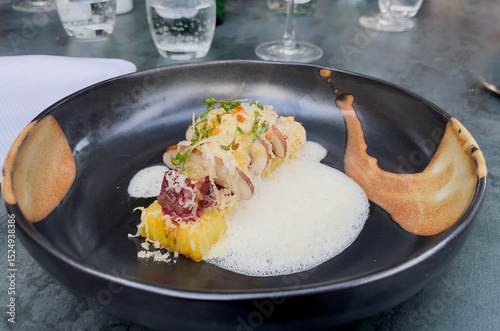 Gourmet meal and fine dining in a luxury restaurant. Haute cuisine.