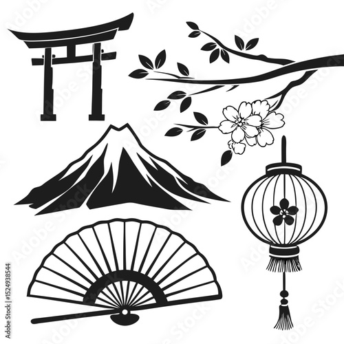 Japanese culture icons mount fuji torii gate fan and flowers