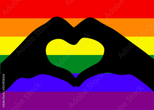 Logo lgbt. Mes del orgullo. Silueta aislada de manos haciendo forma de corazón sobre la bandera arcoiris 