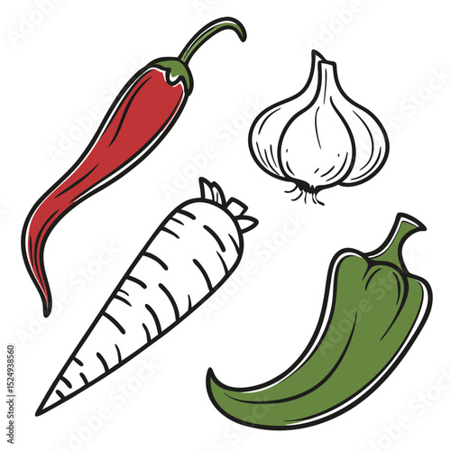 Hand drawn vegetables illustration chili pepper garlic carrot and bell pepper
