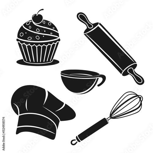 Baking icons cupcake rolling pin whisk chef hat bowl