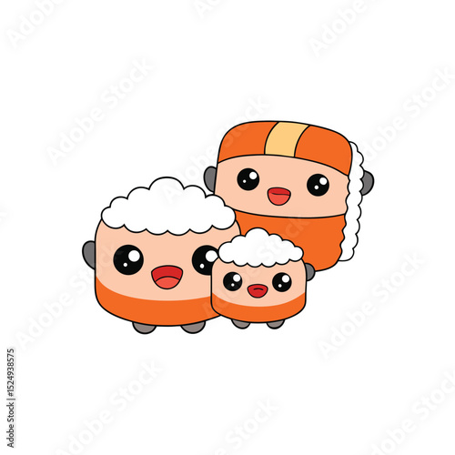Adorable Sushi Family Cute Cartoon Illustration of Salmon Sushi
