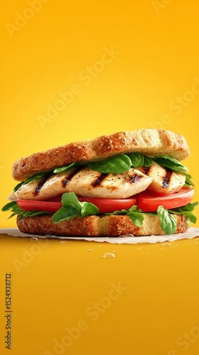 Grilled Chicken Sandwich With Fresh Vegetables on Yellow Background.