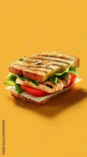 Grilled Chicken Sandwich With Fresh Tomatoes and Lettuce on a Bright Background.
