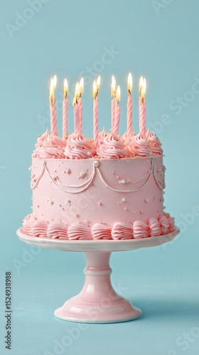 Elegant Pink Birthday Cake With Candles on a Pastel Blue Background for a Fes...