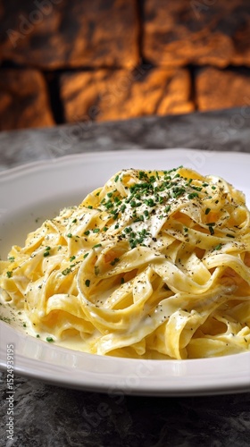 Creamy Fettuccine Pasta Topped With Herbs Served in an Elegant Restaurant Set...