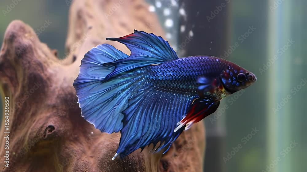 A vibrant, iridescent blue fish with flowing fins swims near textured, brown wood. The background fades to blurred greens and whites