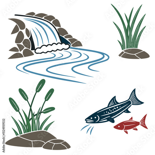 Stylized waterfall river scene with fish and plants