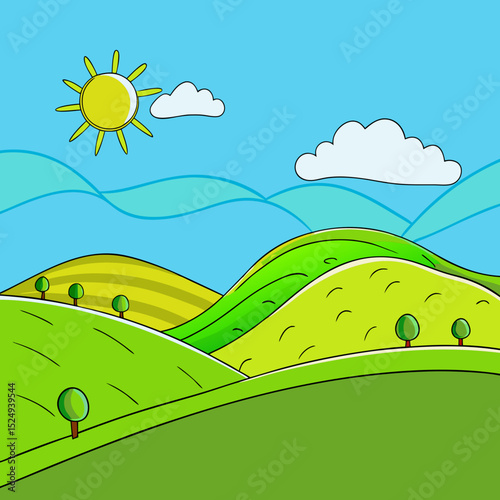 Rolling green hills under clear blue skies on a sunny summer day