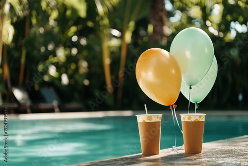 Colorful Balloons and Refreshing Drinks by a Tropical Poolside During a Summe...