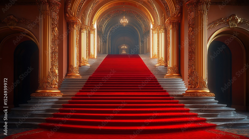Obraz premium Grand red carpet staircase in an ornate hall