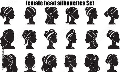This image showcases eighteen diverse female head silhouettes, each adorned with a headband. The minimalist, black silhouette style is a distinctive feature.
