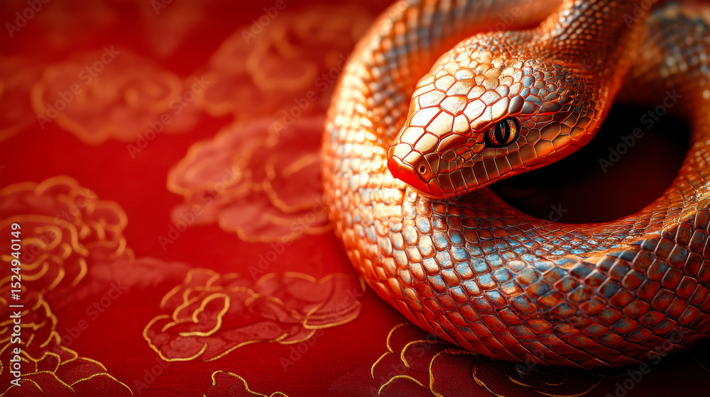 Fototapeta premium Bright orange snake coiled elegantly amidst vibrant surroundings showcasing intricate scale patterns and striking features