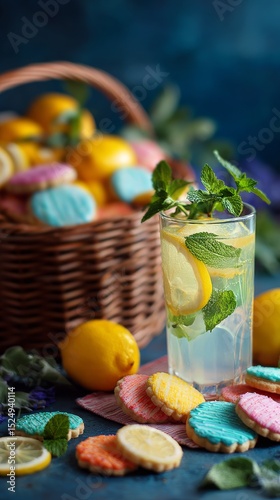 Refreshing Lemonade Paired With Colorful Cookies and a Basket of Lemons