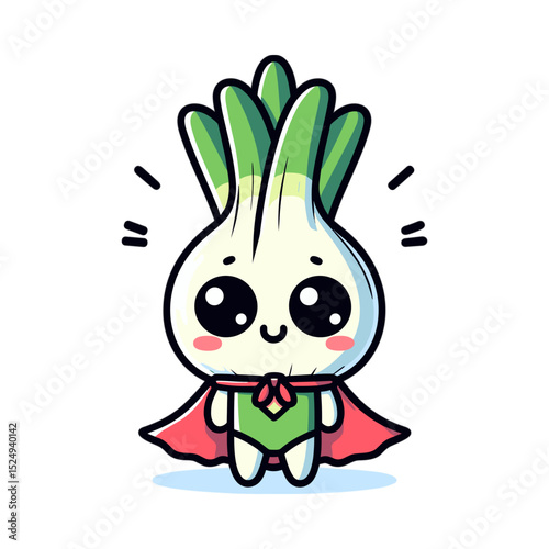 Cute cartoon onion character wearing a cape and smiling happily  