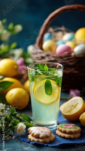 Refreshing Lemonade Paired With Colorful Cookies and a Basket of Lemons.