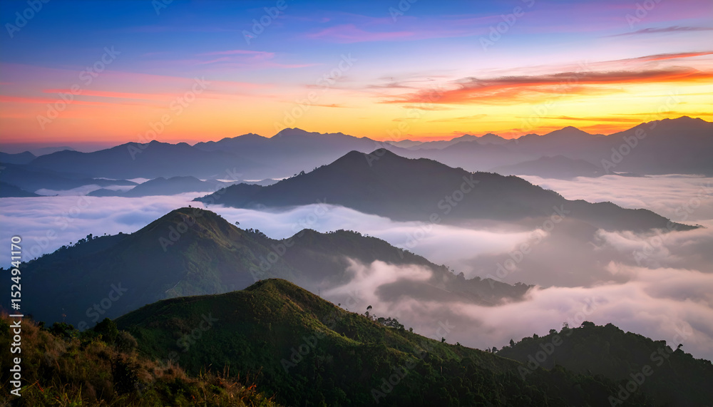 Obraz premium Panoramic view of morning fog rolling over mountain peaks, captured from hilltop