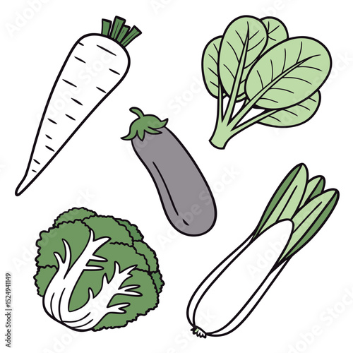 Cartoon vegetables illustration set carrot eggplant bok choy and cabbage
