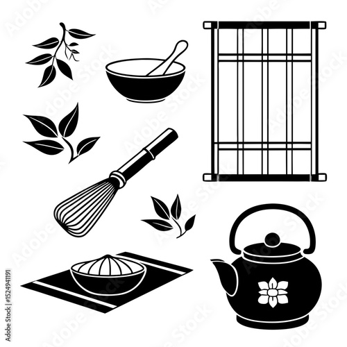 Japanese tea ceremony icons matcha whisk kettle and more