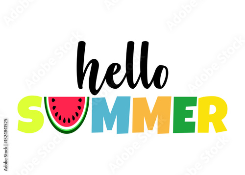 Concepto de vacaciones y viajes. Texto hello summer con rebanada de sandía en vez de letra U