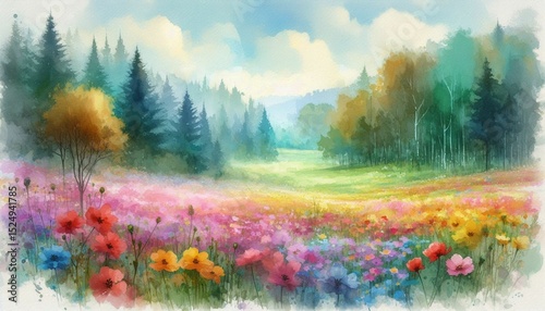 a beautiful idyllic colorful flower field infront of a forest; watercolor painting with mixed colors