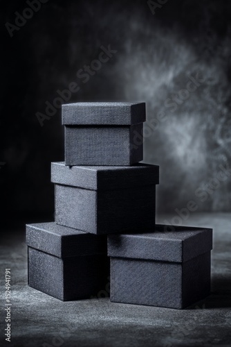 Stacked Black Boxes With Textured Surfaces on a Dark Background.