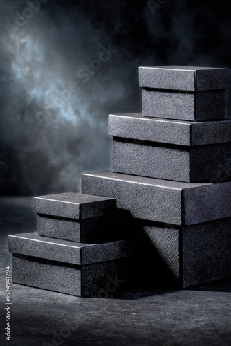Stacked Black Boxes With Textured Surfaces on a Dark Background