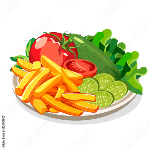 French fries on a plate tomato salad cucumber