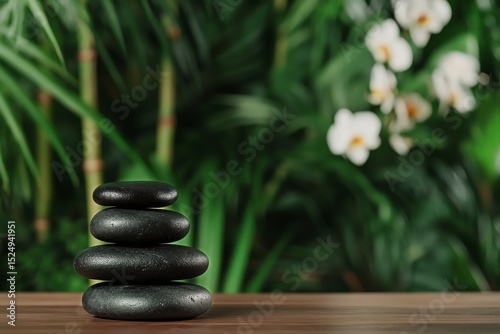 Stacked Black Stones Surrounded by Greenery and Blossoms in a Tranquil Setting.