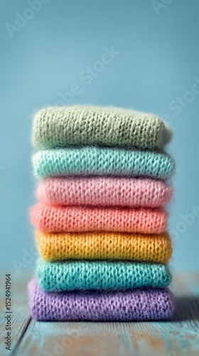Colorful Knitted Towels Stacked Neatly Against a Blue Backdrop