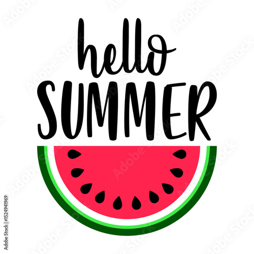 Concepto de vacaciones y viajes. Texto hello summer con rebanada de sandía