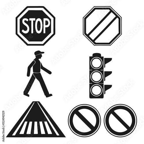 Collection of black and white traffic signs and symbols