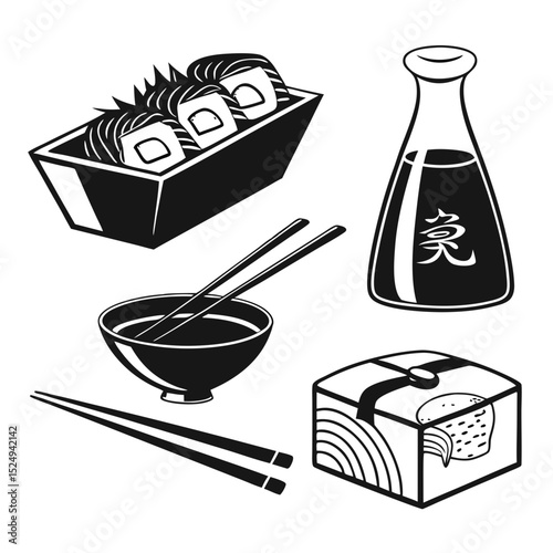 Black and white illustration of sushi and soy sauce