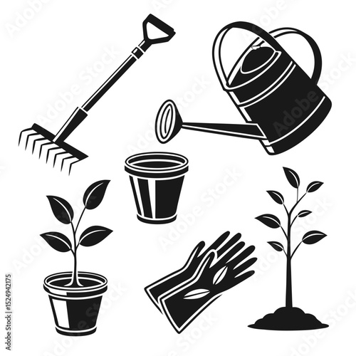 Gardening tools and plants icon set