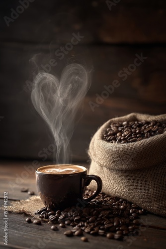 Coffee Cup With Heart-Shaped Steam Above It and Coffee Beans Scattered Around...