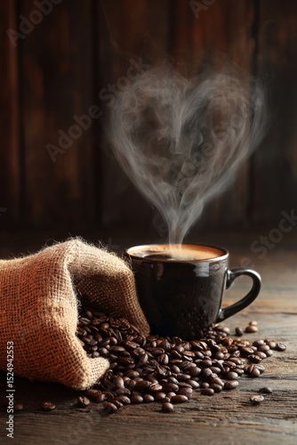 Coffee Cup With Steam Forming Heart Shape Near Burlap Sack of Coffee Beans on...