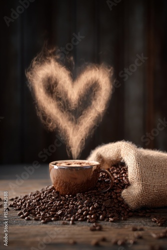 Coffee Cup With Steam Forming Heart Shape Near Burlap Sack of Coffee Beans on...