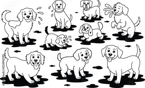 Cute cartoon dogs playing in mud puddles black and white illustration