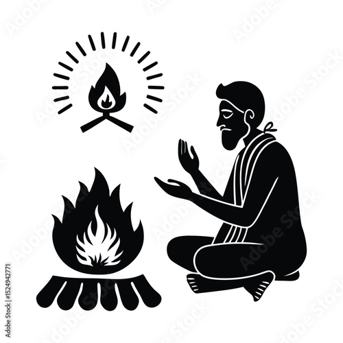 Indian priest Panditji performing havan pooja and worshiping gods, doing prayer with some lit fire in the Havan Kund