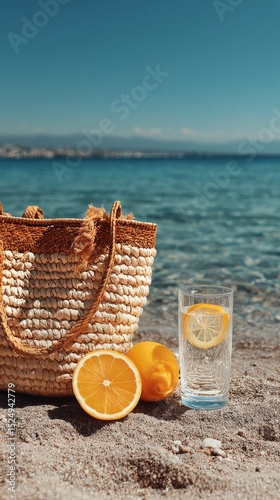Enjoying a Sunny Beach Day With a Woven Bag, Fresh Lemons, and a Glass of Wat...
