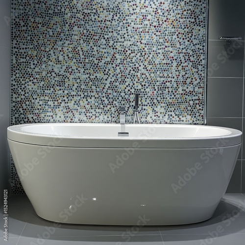 Freestanding bathtub in a modern bathroom with a colorful mosaic tile backsplash
