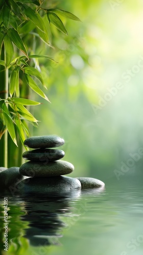 Tranquil Bamboo Setting With Stacked Stones Reflecting in Calm Water at Sunrise.