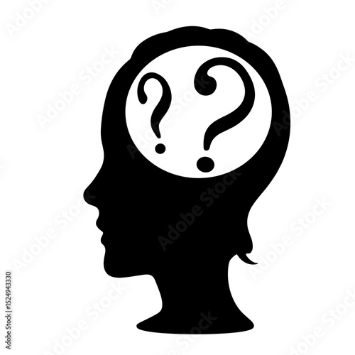 Silhouette of human head with question marks inside. Head profile shows uncertainty and doubt.  Concept image ideal for illustrating confusion, questions, or problem-solving.
