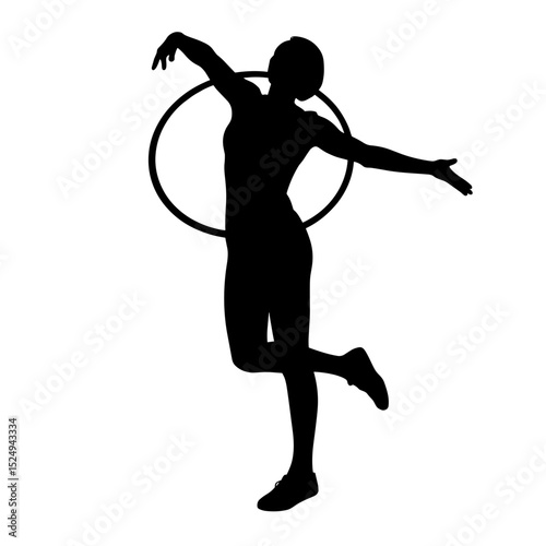 Female silhouette hula hooping gracefully, fitness exercise, dynamic pose, active lifestyle, perfect for fitness center advertising.