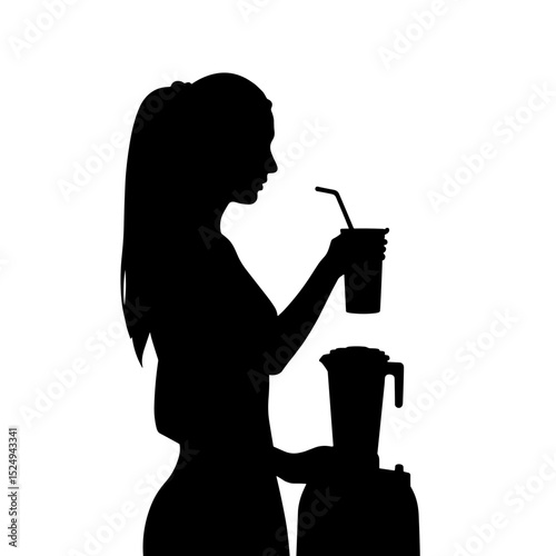 Woman silhouette drinking smoothie from disposable cup near blender. Girl enjoys healthy lifestyle with fresh beverage. Concept silhouette for healthy eating blog or fitness app.