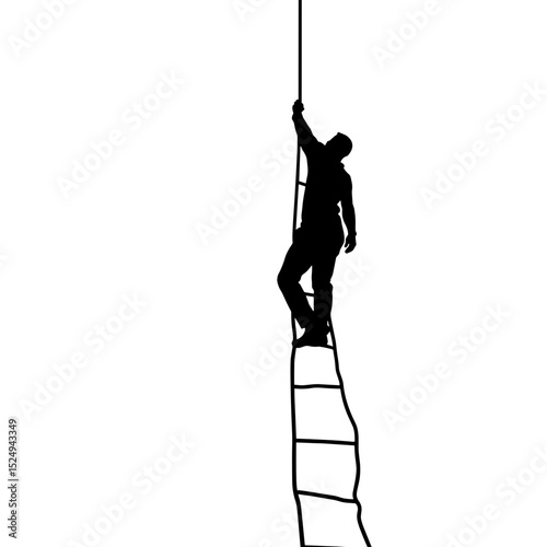 Silhouette of person climbing rope ladder. Person ascends challenging rope ladder against white background.  Image depicts determination and perseverance.