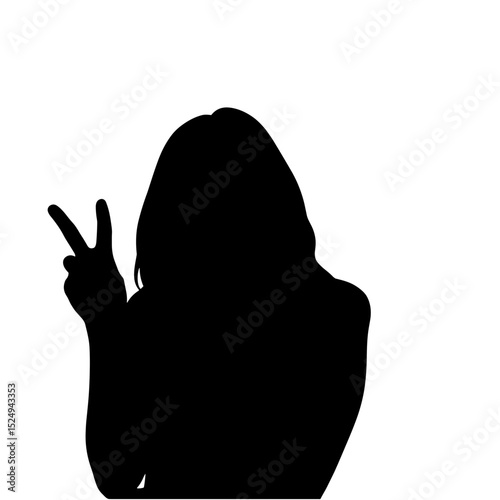 Woman silhouette showing peace sign.  Silhouette displays positive emotions and peaceful gesture. This image is perfect for illustrating concepts of peace, unity, and positivity, ideal for websites